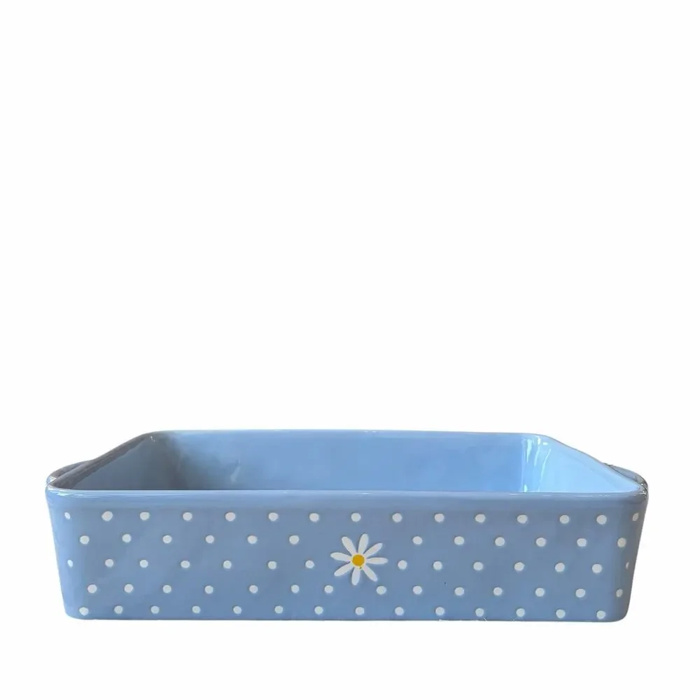 10 Strawberry Street Daisy Rectangular Baker 12x8 Blue Polka Dot NEW